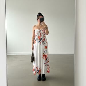 White & Floral Ruched Tie Front Sundress